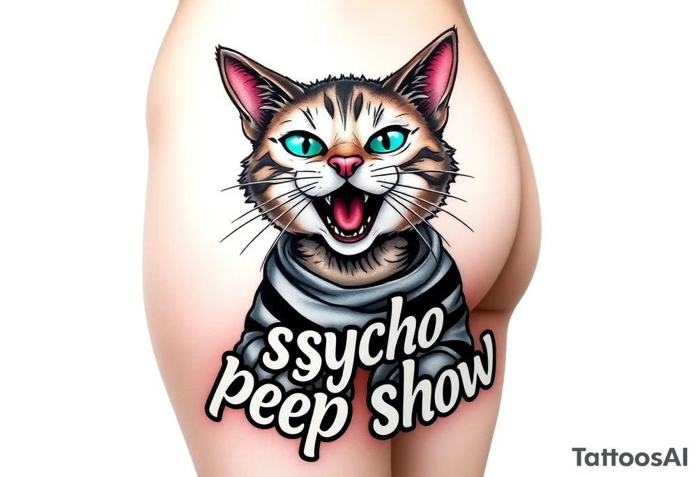 Design a tattoo of a high-quality full color illustration in a cartoonish style. The main element should be a cat wearing a straightjacket and displaying a wild, crazy expression on its face.   the words "psycho peep show" should be present in the design in a stylish tattoo style font , very detailed, very colorful and  vivid , highest quality tattoo . it  is placed on the buttock  of a young woman with a perfectly shaped firm butt, tattoo idea