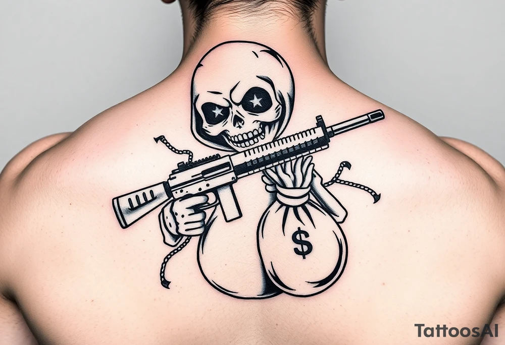 Scary Evil voodoo doll with a glock with a extended magazine and money bag full of money tattoo idea