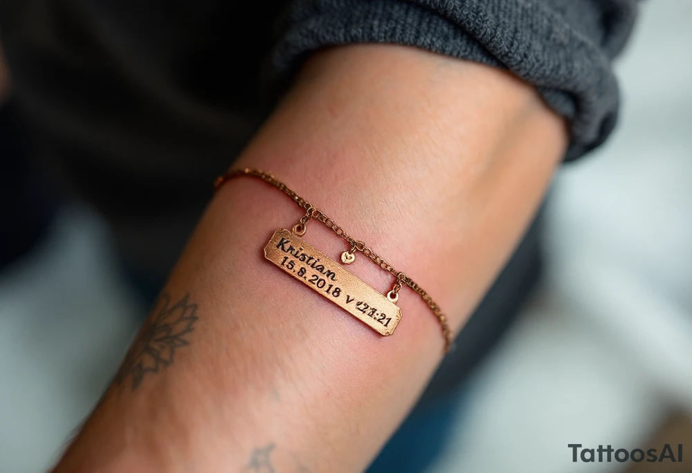 A dainty chain bracelet tattoo with hanging charm tags engraved with "Kristian – 15.8.2018 v 21:21" in metallic bronze ink tattoo idea