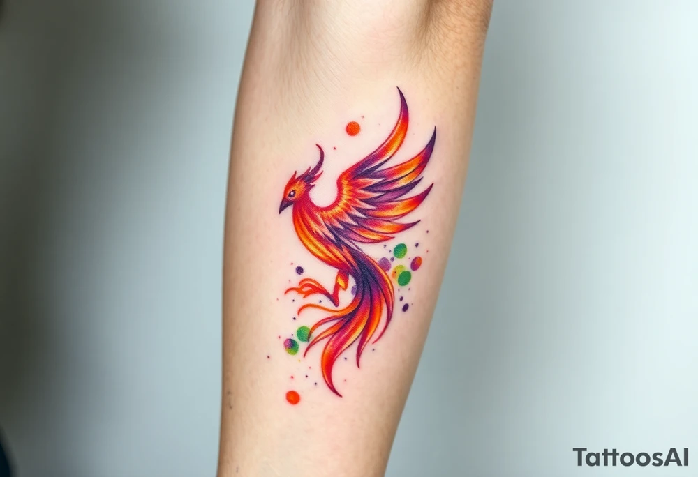 Phoenix with blazing flames with purple and green splashes surrounded by fire tattoo idea
