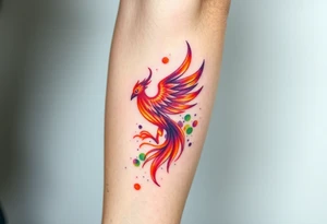 Phoenix with blazing flames with purple and green splashes surrounded by fire tattoo idea