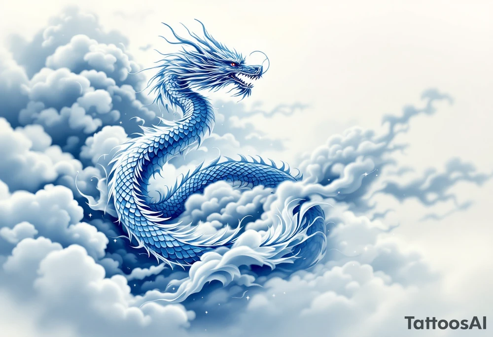 A blue dragon with silver scales winding through storm clouds, representing wisdom and power. tattoo idea