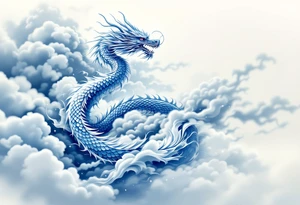 A blue dragon with silver scales winding through storm clouds, representing wisdom and power. tattoo idea