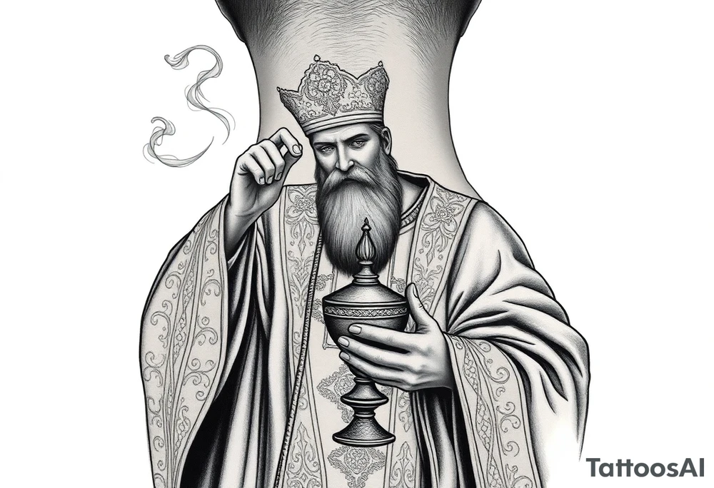 A Russian Orthodox Priest in full gold vestments swinging a censer with smoke curling upward 

The ornate robes give incredible fine line detail
The incense smoke could flow and connect to other elements
It ties directly into the church and Virgin Mary you already have
Very culturally authentic to the overall theme tattoo idea