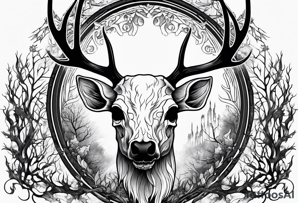 A scary decayed deer skull head human body with flames and trees tattoo idea