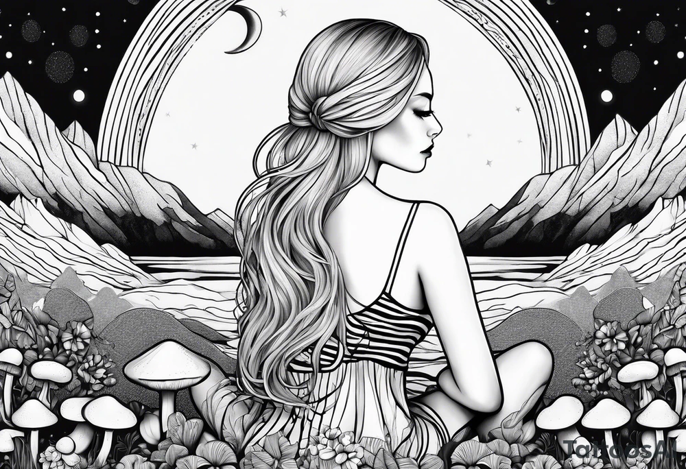 Straight blonde hair girl meditating facing away toward mountains surrounded by mushrooms crescent moon mandala circular design black and white striped dress tattoo idea
