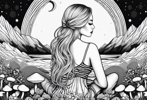 Straight blonde hair girl meditating facing away toward mountains surrounded by mushrooms crescent moon mandala circular design black and white striped dress tattoo idea