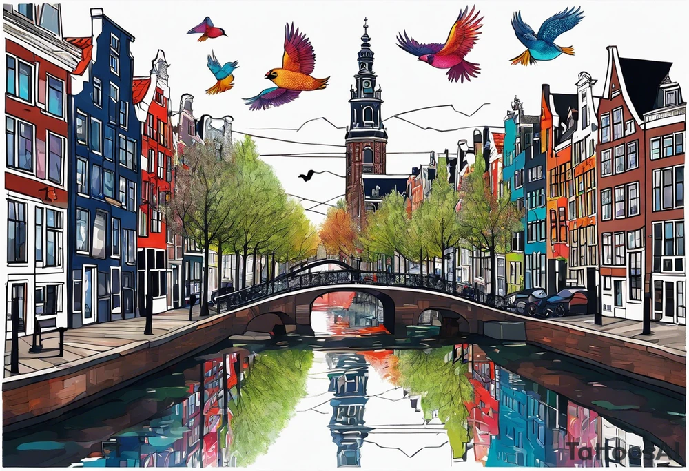 animals made of glass in Amsterdam featuring Amsterdam buildings and canal in galaxy colours featuring pineapples and birds tattoo idea