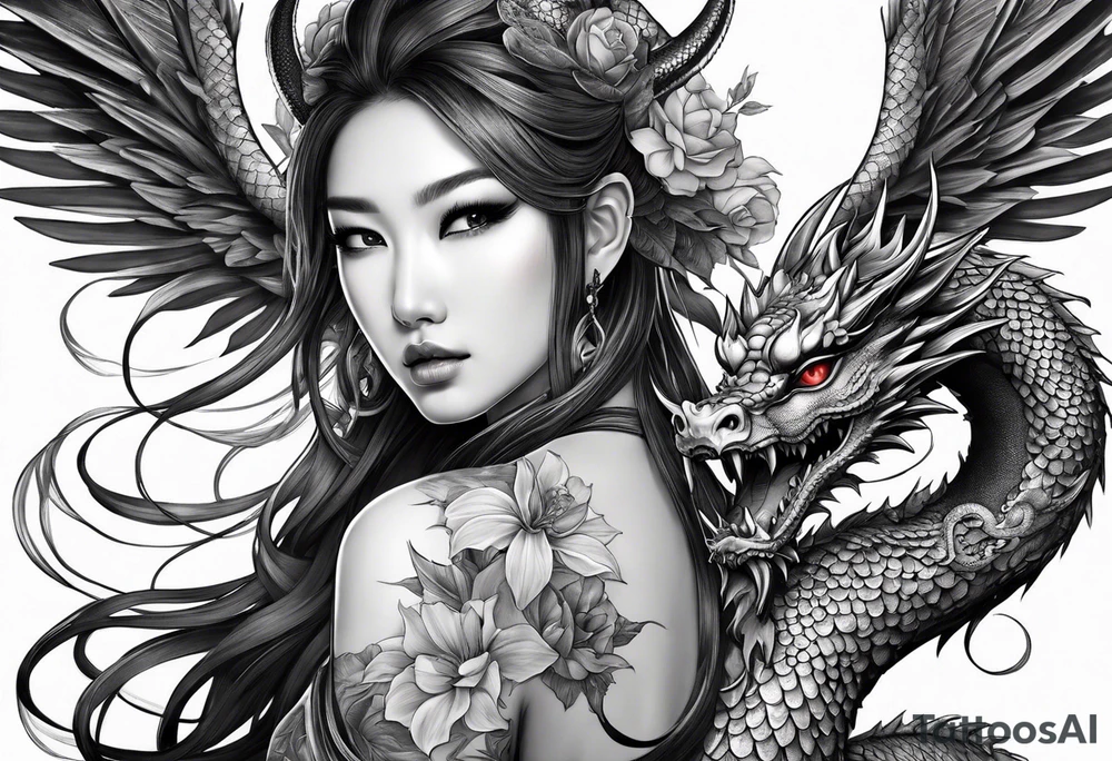 beautiful warrior nymph with dragon wings and a dragon friend tattoo idea