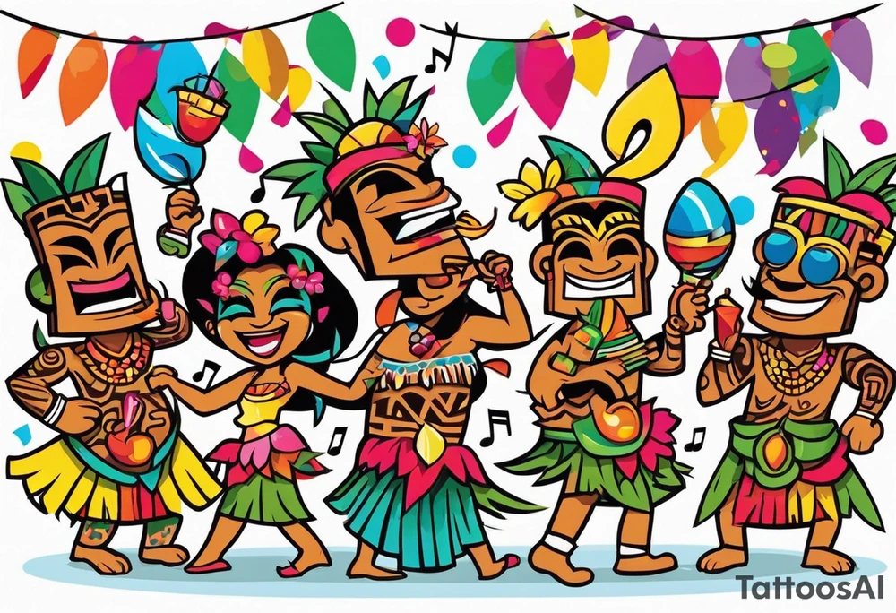 tiki party with dancing tiki guys and sexy tiki girls with music notes and confetti tattoo idea