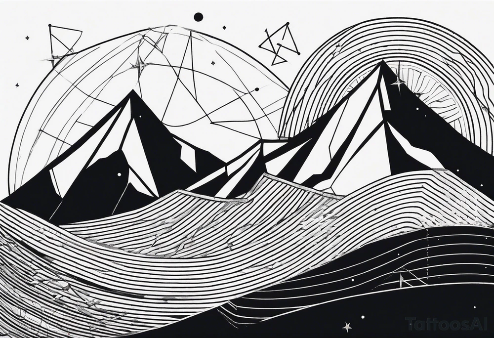 Mountain Massif, one Peak, only peak surrounded woth semi circle dashed Line, in semi circle two littel fine Stars coloured, waves overlapping in Side, Open geometrical Forms Like Diamond with Open lines tattoo idea