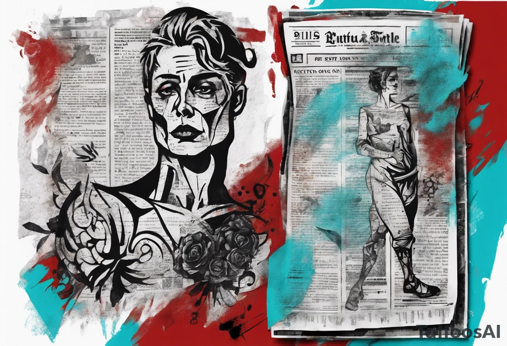an art showing a newspaper on the leg and shoulder, old ritual, in the style of abstract portraits, textured pigment planes, red and cyan, stencil art, gothic romanticism, full white background, include seed tattoo idea