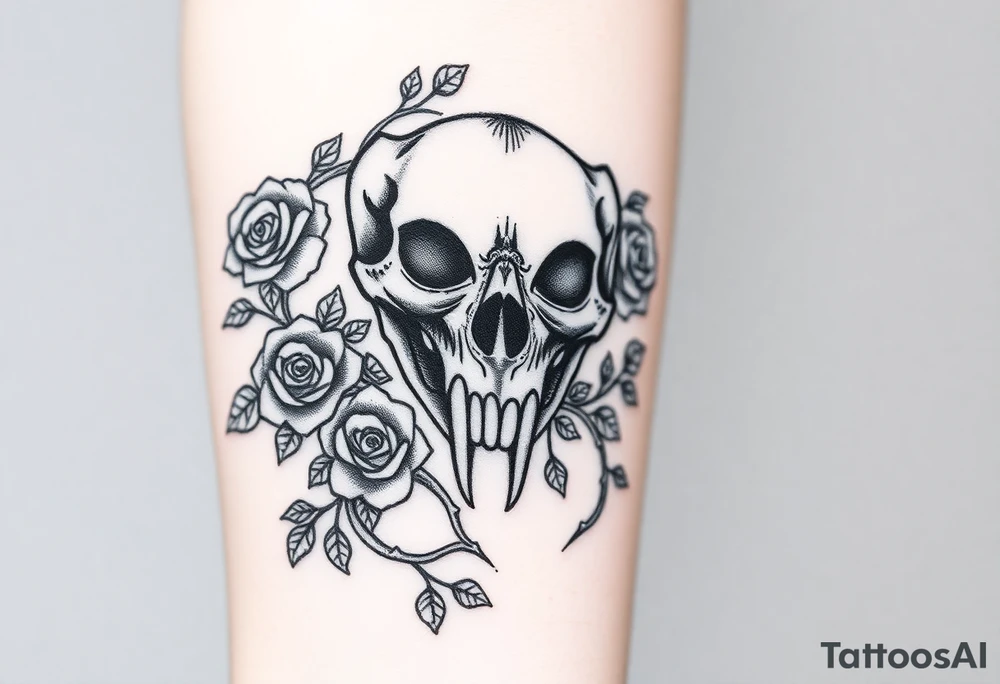 gothic bear skull intertwined with climbing roses and thorny vines tattoo idea