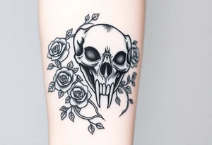 gothic bear skull intertwined with climbing roses and thorny vines tattoo idea