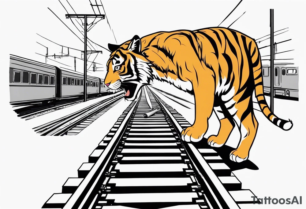 Bells cracking train track in the middle with a girl wearing tiger mask tattoo idea