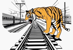 Bells cracking train track in the middle with a girl wearing tiger mask tattoo idea