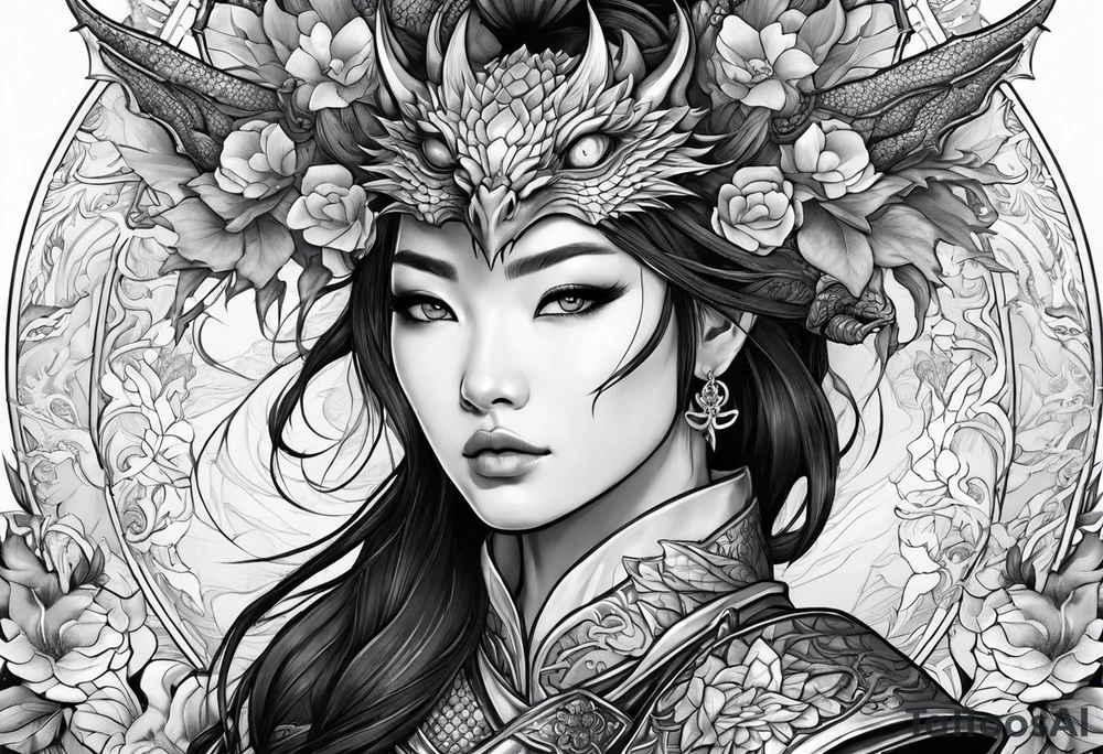 beautiful warrior woman wearing dragon armor and a floral background and a dragon a full picture tattoo idea