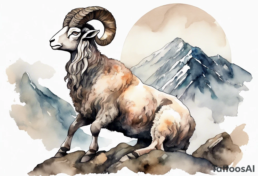 a solitary muscular man with the head of a big-horned sheep, on a mountain tattoo idea