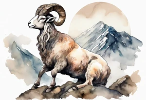 a solitary muscular man with the head of a big-horned sheep, on a mountain tattoo idea