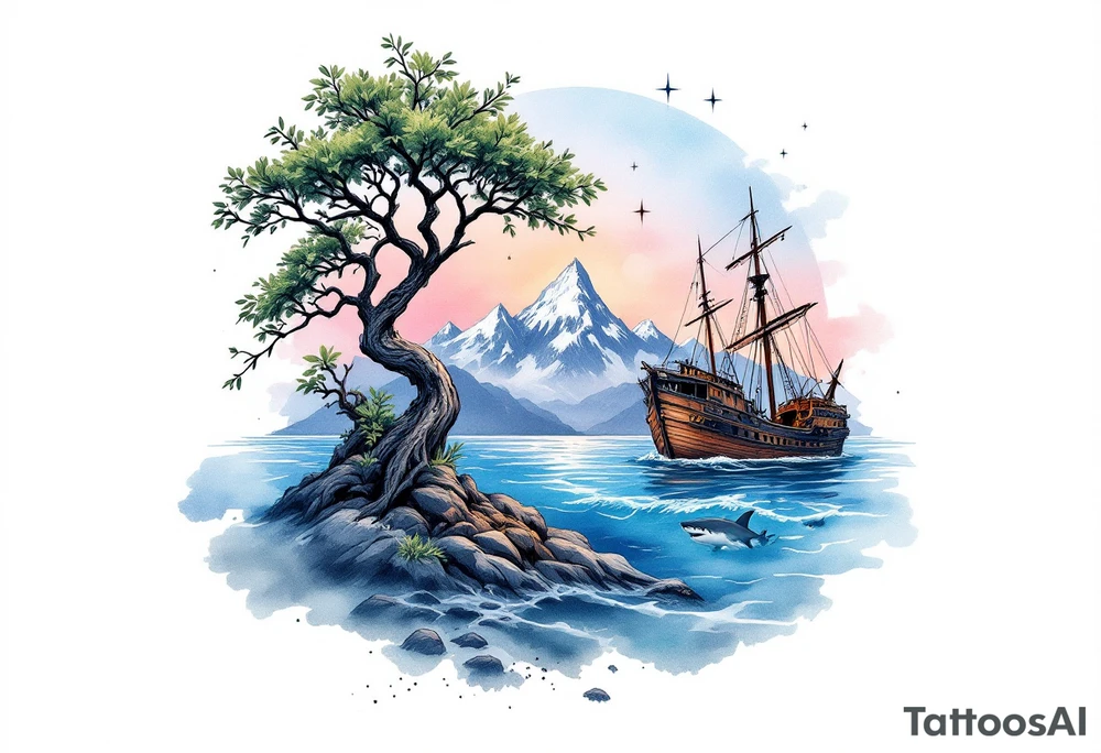 tattoo that has an acacia tree with mountains, ocean with a ship wreck with sharks and the northern star tattoo idea