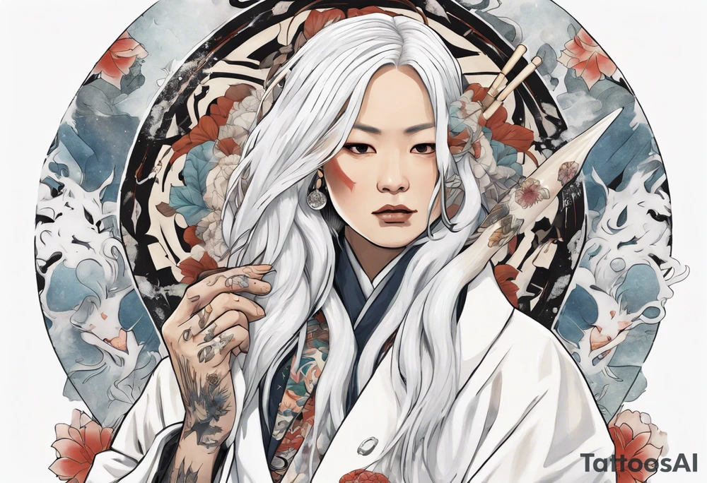 an indigenous woman with long white hair dressed in a white coat holding a white wand surrounded by ice tattoo idea