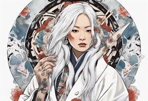 an indigenous woman with long white hair dressed in a white coat holding a white wand surrounded by ice tattoo idea