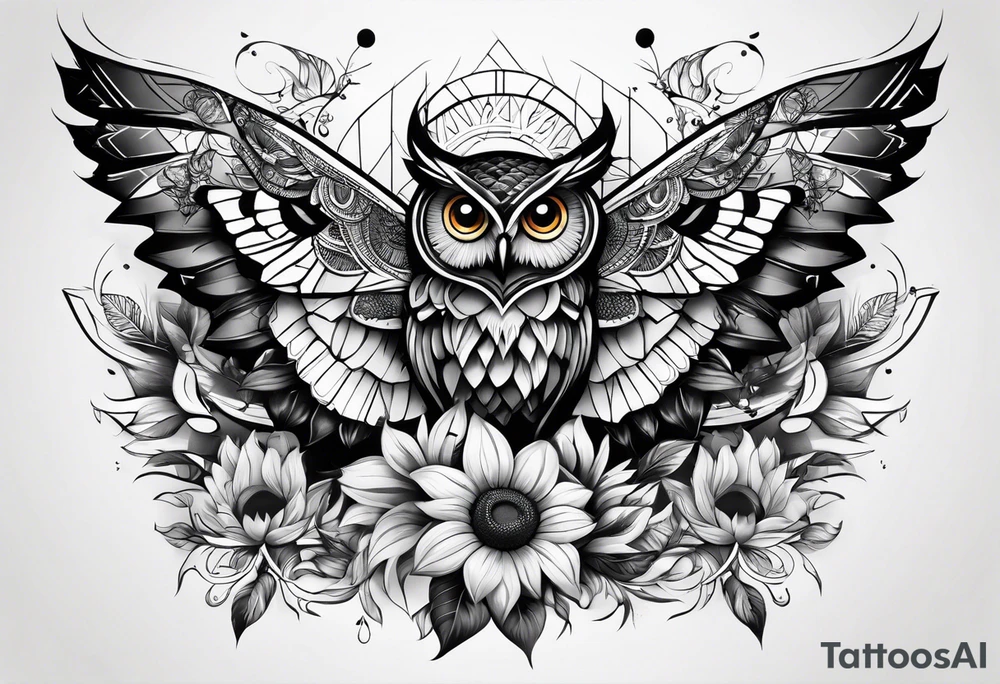 Owl, butterfly and sunflower are sleeve tattoo idea