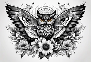 Owl, butterfly and sunflower are sleeve tattoo idea