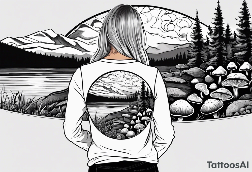 Whole picture encircled fully

Straight long blonde hair hippie girl in distance holding mushrooms in hand facing away toward mountains and creek surrounded by mushrooms long sleeve shirt and hiking pants; whole rendering within a full circle, no cut off circle tattoo idea