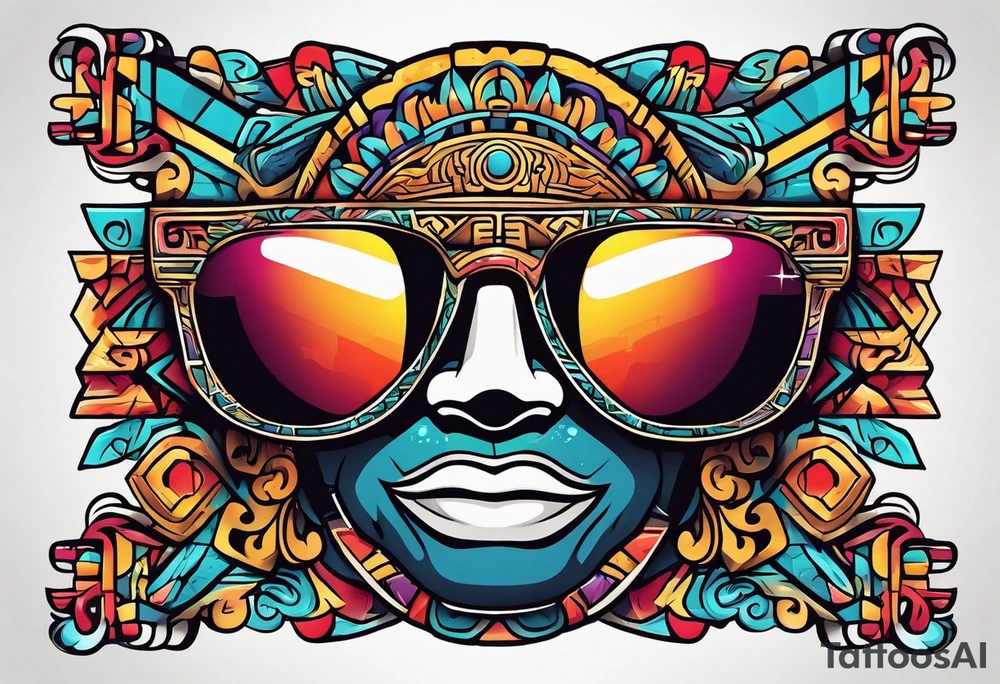 Colorful ancient Mayan hieroglyph wearing sunglasses tattoo idea Colorful ancient Mayan hieroglyph wearing sunglasses tattoo idea