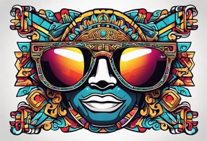 Colorful ancient Mayan hieroglyph wearing sunglasses tattoo idea
