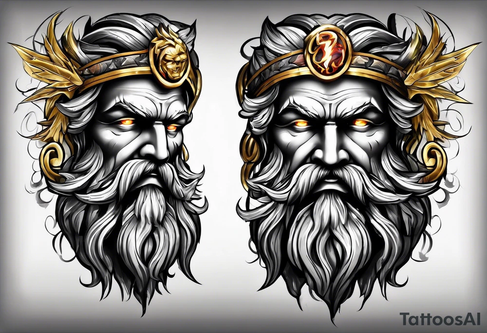 Zeus tattoo with lighting eyes, angry and holding lighting bolts tattoo idea