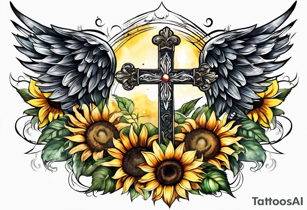 Winged cross with sunflower arm sleeve tattoo idea
