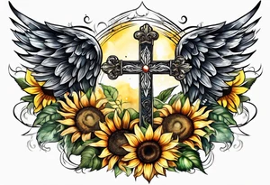 Winged cross with sunflower arm sleeve tattoo idea