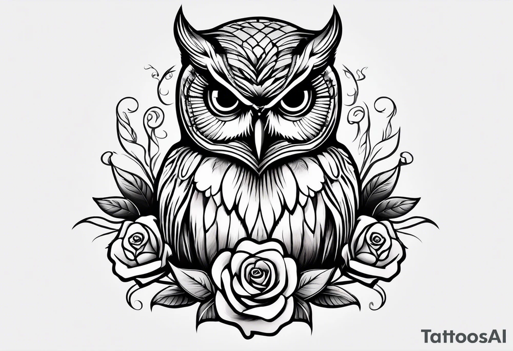 owl with rose tattoo idea