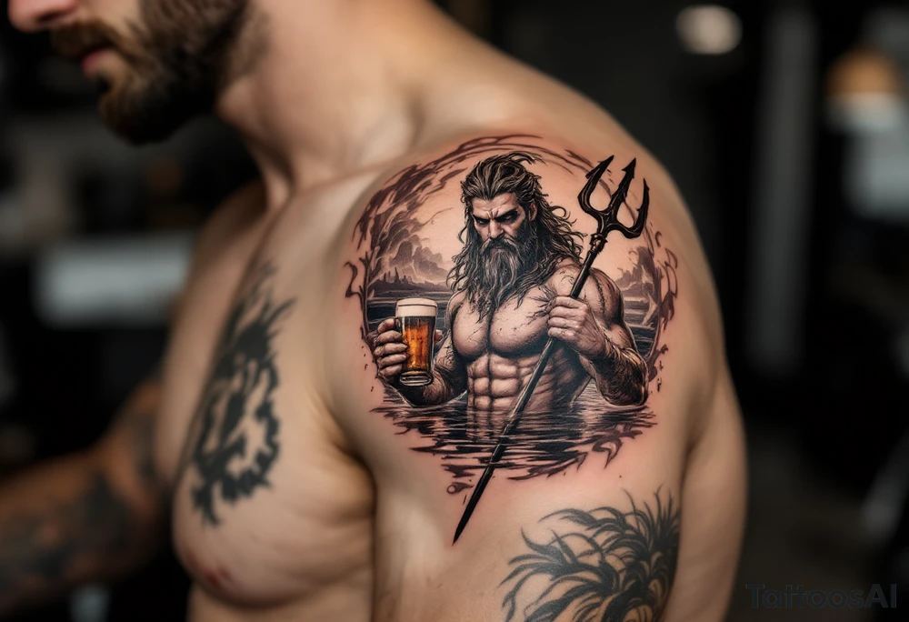fit poseidon, with a trident, in calm water, holding a beer tattoo idea