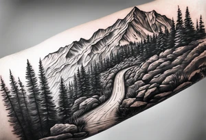 road into mountain on forearm with quote my road, my journey tattoo idea