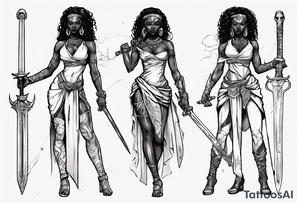 African female full body valkyre slim face holding out sword in both hands tattoo idea