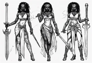 African female full body valkyre slim face holding out sword in both hands tattoo idea