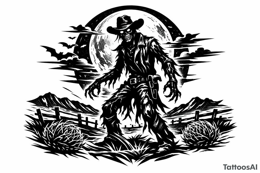 Zombie cowboy silhouette on a moonlit prairie, tumbleweeds rolling. tattoo idea