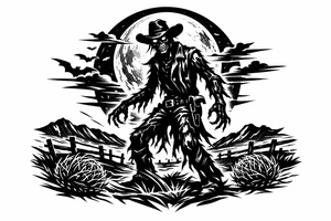 Zombie cowboy silhouette on a moonlit prairie, tumbleweeds rolling. tattoo idea