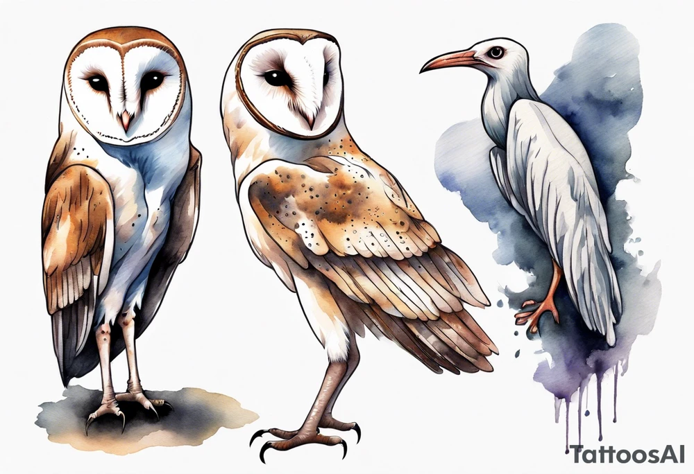 a barn owl with the legs of a stork walking at night tattoo idea
