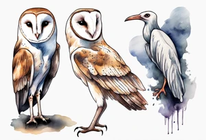 a barn owl with the legs of a stork walking at night tattoo idea