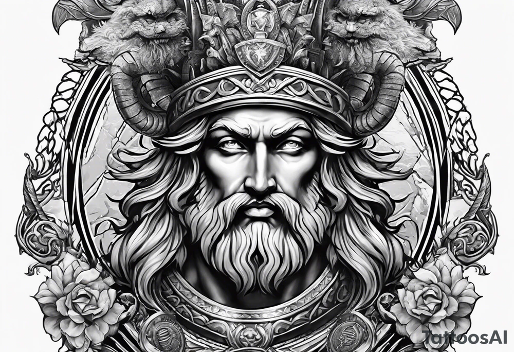 Greek mythology sleeve featuring Zeus with lighting bolts, medusa with snake head dress, a gladiator with the Roman coliseum background tattoo idea
