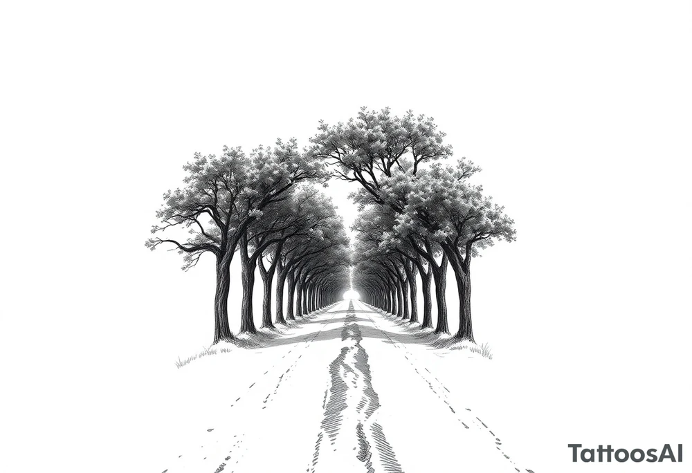 Tree-lined dirt road. Road is rough, little shoulder. Deciduous trees arch across it, meeting in the middle. 

Road should be rougher, more rural. Branches start lower. The trees in the foreground should be bigger — perspective has road getting smaller. 

Make the trees leafier. Branches begin lower on the trunk. 

Much leafier trees. Summer. Can’t see much behind the trees tattoo idea