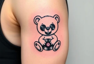 minimalist teddy bear with vinyl records as eyes smiling and sitting on a record tattoo idea