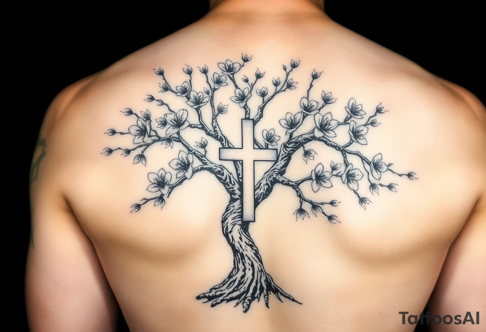 tree of life with cherry blossoms with the cross inside and some of the branches wrapping around it on my inner arm tattoo idea