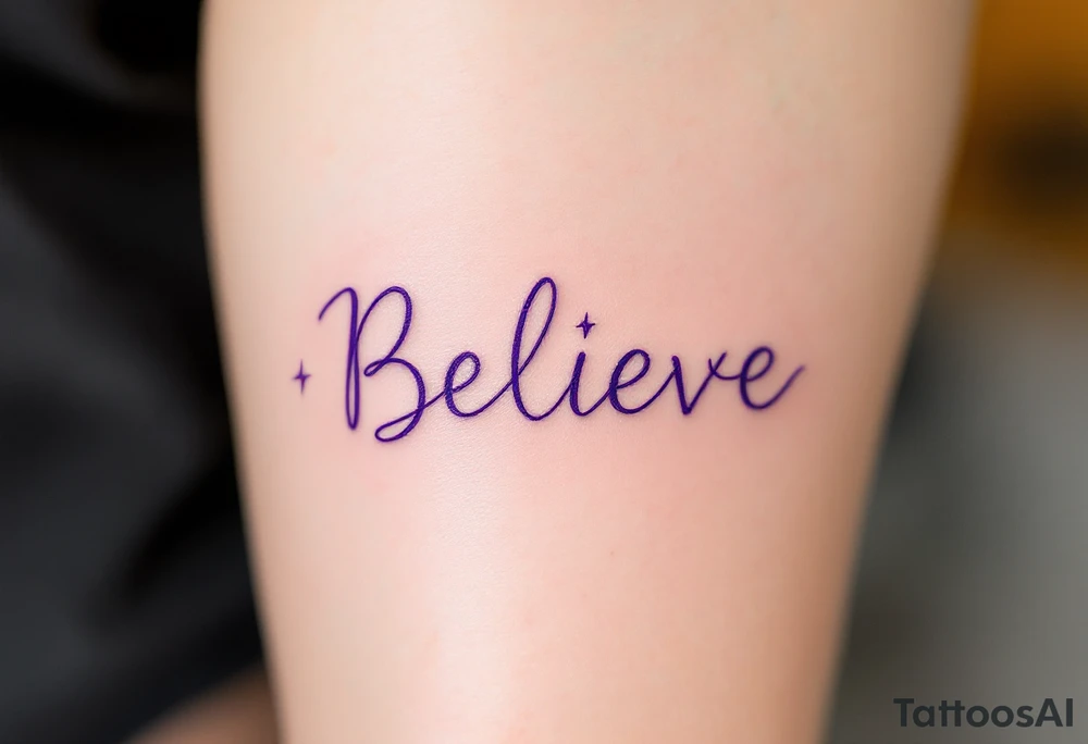 The word "Believe" in purple, with subtle lightning bolts in white surrounding it, signifying power and inspiration. tattoo idea