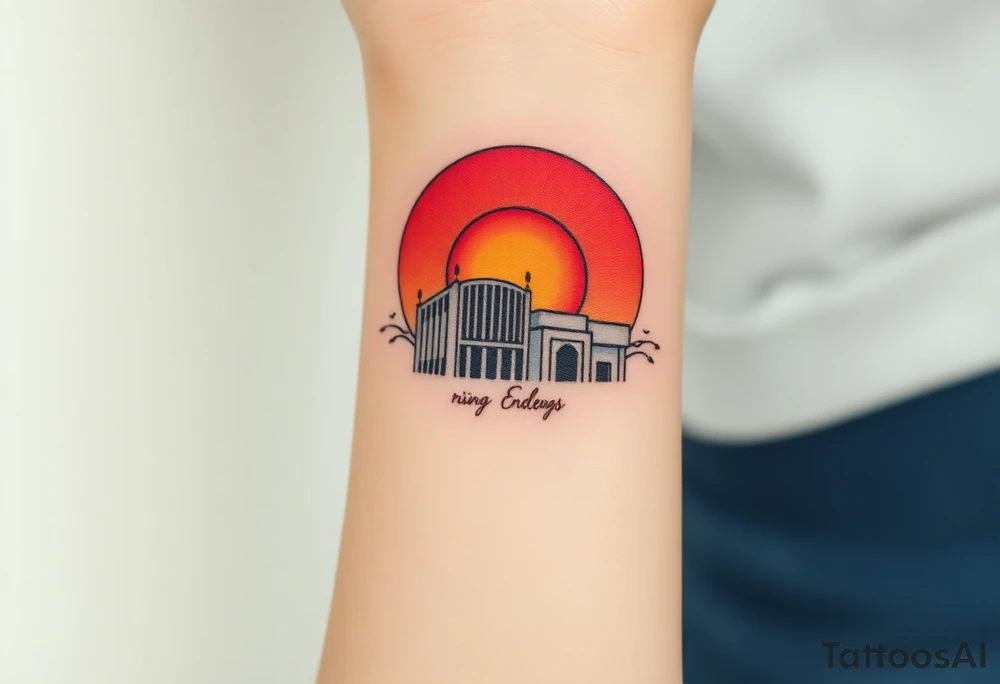 A barcode that transitions into a rising sun in red, orange and pink color saying rising endlessly tattoo idea