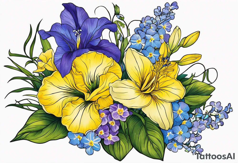 Bouquet tattoo tied with a ribbon With the following flowers on forearm. 
Carnations
Lilly’s 
Larkspur 
Morning glory 
Iris 
Yellow cedar
Yellow elder 
Forget me not 
Purple violets 
Lingum vitae 
Dogwood flower tattoo idea